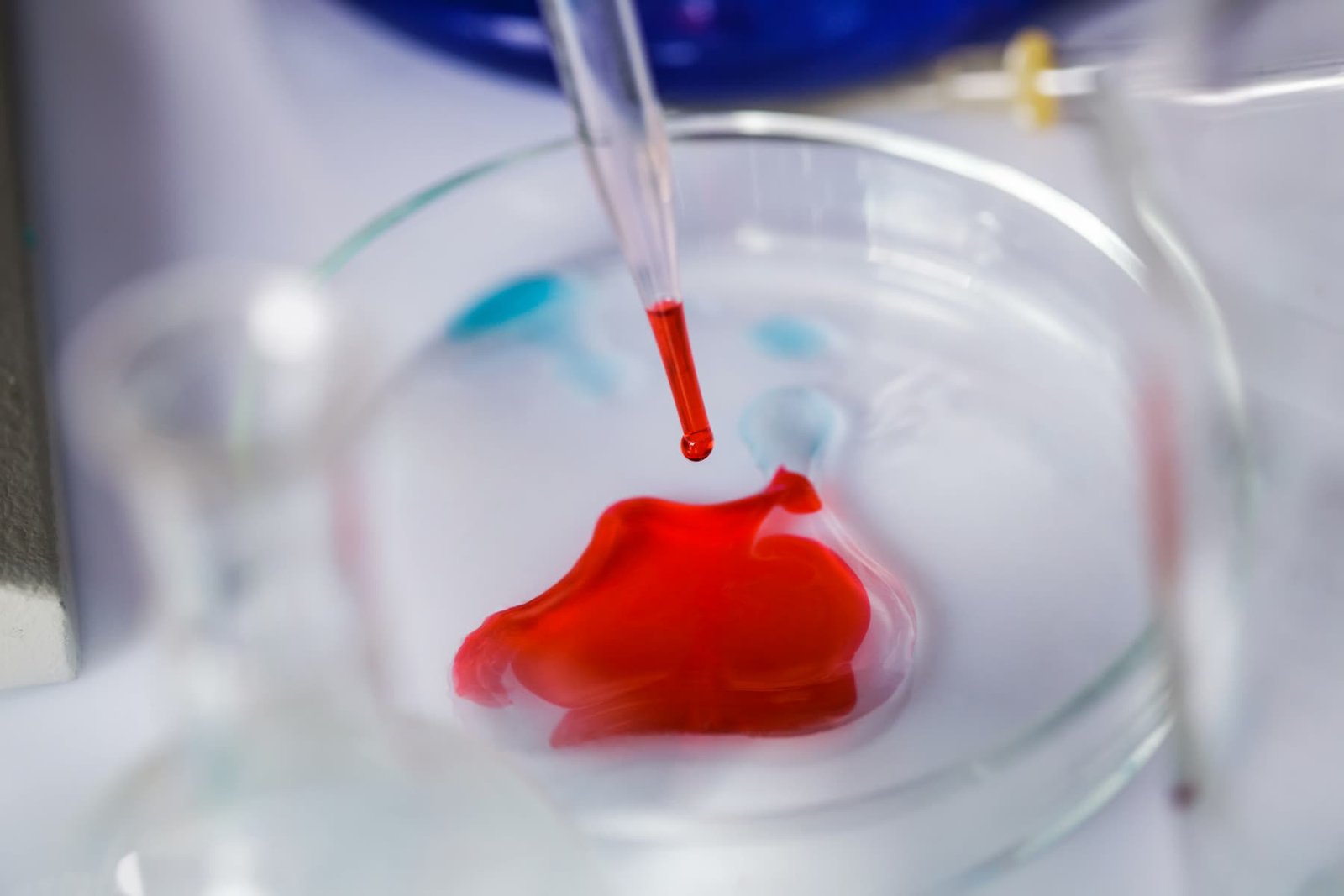 Pipette dripping red liquid into a petri dish